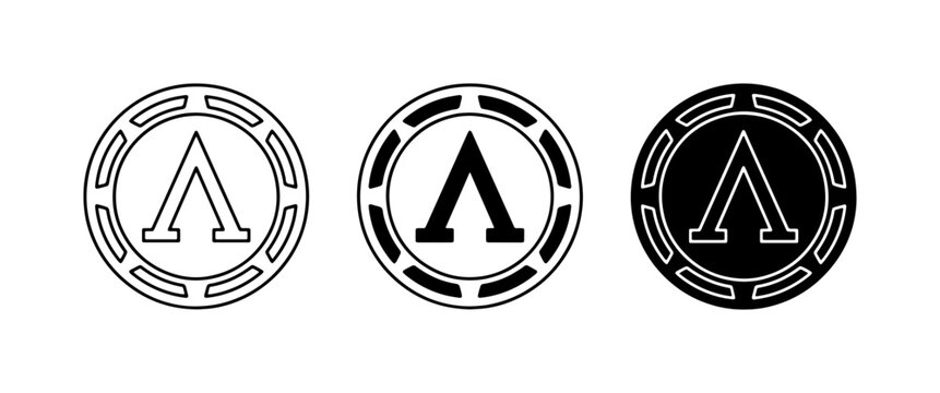Spartan Lambda Symbol Icons, Ancient Greek Military Emblem, Warrior Shield Design, Black and White Vector Graphics, Historical Symbol Set