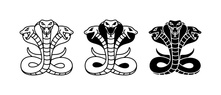 Three-Headed Cobra Icons, Mythical Serpent Symbols, Tribal Tattoo Designs, Black and White Vector Art