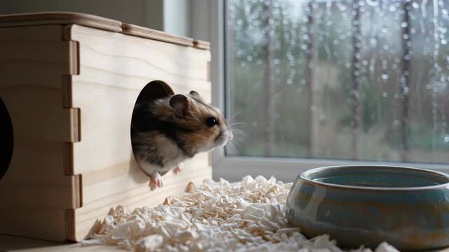 Cute Dwarf Hamster Emerging From Wooden House and Moving in Its Enclosure on a Rainy Day