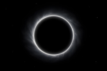Obraz premium Mystical black hole with glowing white event horizon and soft cosmic dust isolated on black background