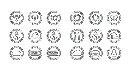 Fototapeta premium Set of vector icons - Wi-Fi, butterfly, sun, anchor, cloud, ticket, car, cutlery