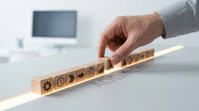 Person placing a block with the word work to symbolize execution efficiency alignment in professional environments