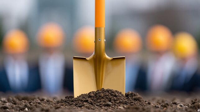 Golden shovel with orange handle placed in soil, blurred figures in suits and yellow hard hats visible in the background at a construction site
