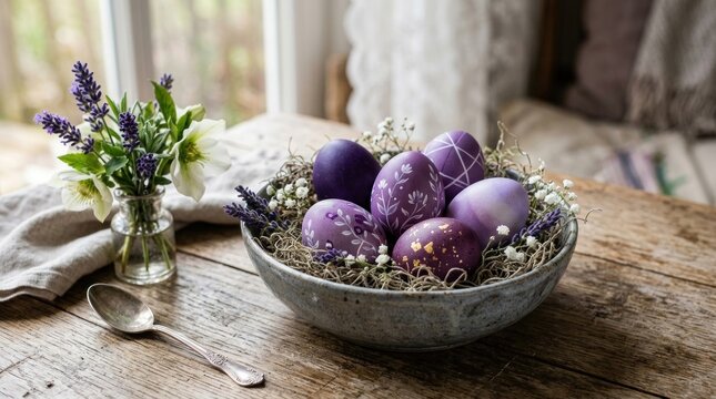 A rustic wooden table displays a decorative bowl filled with purple Easter eggs.