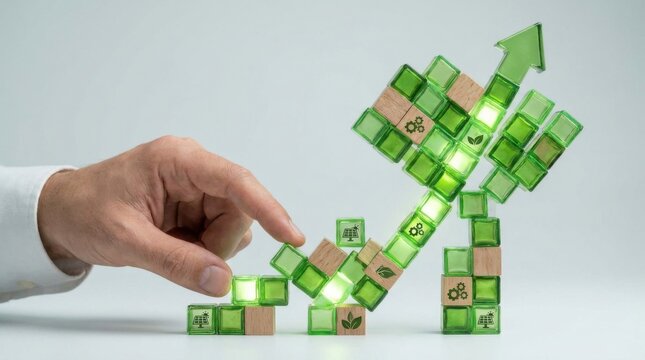 Hand placing a green cube with an arrow symbolizing growth and progress in a conceptual framework of development