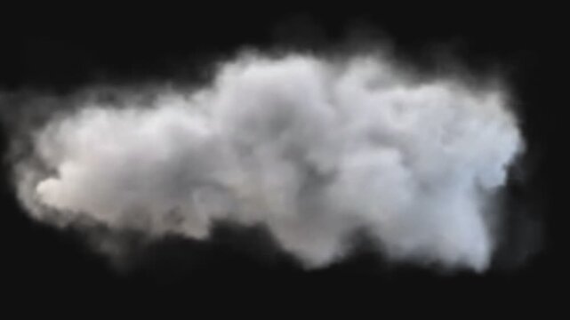 Single white cloud isolated on black background, fluffy cumulus smoke moving slowly