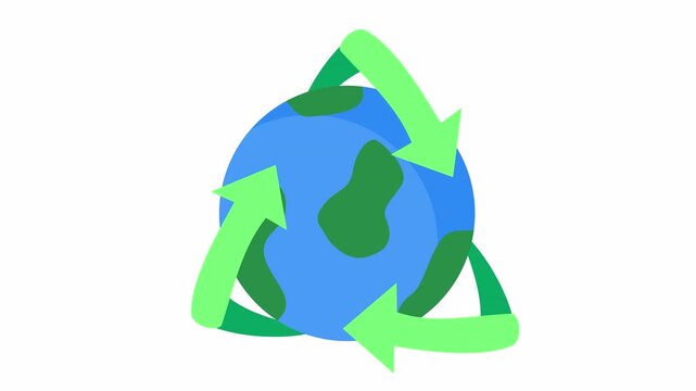 Global sustainability concept with Earth globe and green recycle arrows in cartoon animation. Eco-friendly planet symbol and environmental conservation icon in flat design style.