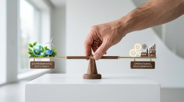 A person's hand placing a wooden gavel next to a balance scale with a green globe to illustrate justice and balance