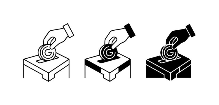 Hand Inserting Coin into Donation Box, Set of 3 Icons, Financial Contribution and Giving Concepts