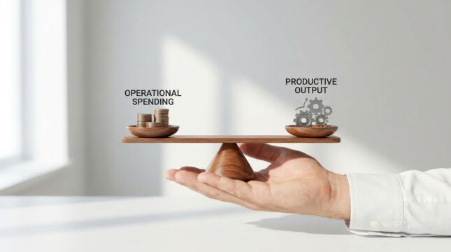 A person holding a scale with the words operational and productive highlighting workplace efficiency