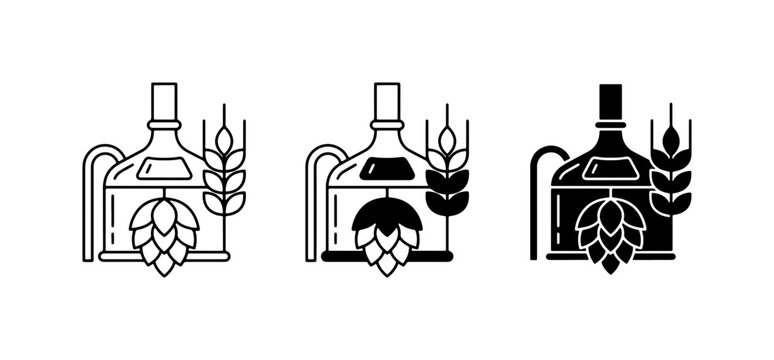 Brewery Icons Set: Craft Beer Production Equipment, Hops, and Wheat Grains, Vector Graphics for Beverage Industry