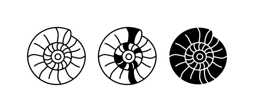 Ammonite Fossil Icons, Spiral Shell Vector Graphics, Ancient Marine Life Symbols, Natural History Illustrations