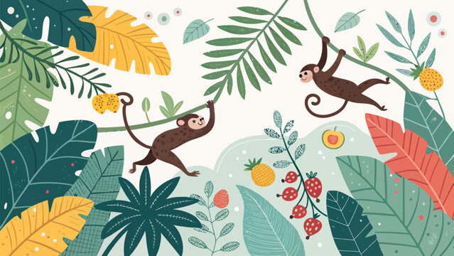 Playful cartoon monkeys swinging on vines in a vibrant tropical jungle with lush leaves and exotic fruits illustration