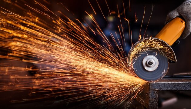 close up of grinder producing bright sparks in dark workshop