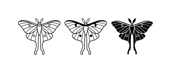 Luna Moth Vector Icons, Delicate Insect Silhouettes, Black and White Butterfly Graphics, Nature Elements for Design © Abdullah