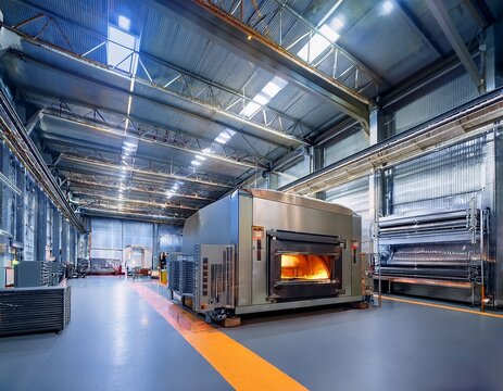 a large industrial sintering oven sits idle in a spacious factory bathed in the soft glow of overhead lights awaiting its next batch of materials