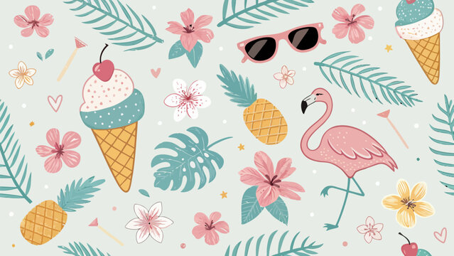 Sweet summer seamless pattern with flamingos, ice cream cones, pineapples, sunglasses, and tropical flowers on a light background