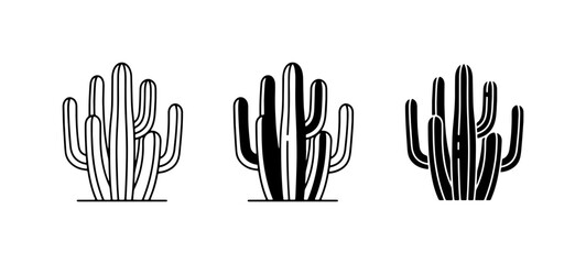 Fototapeta premium Desert Cactus Icons Set, Saguaro Plant Vector Graphics, Arid Landscape Elements, Minimalist Botanical Illustrations