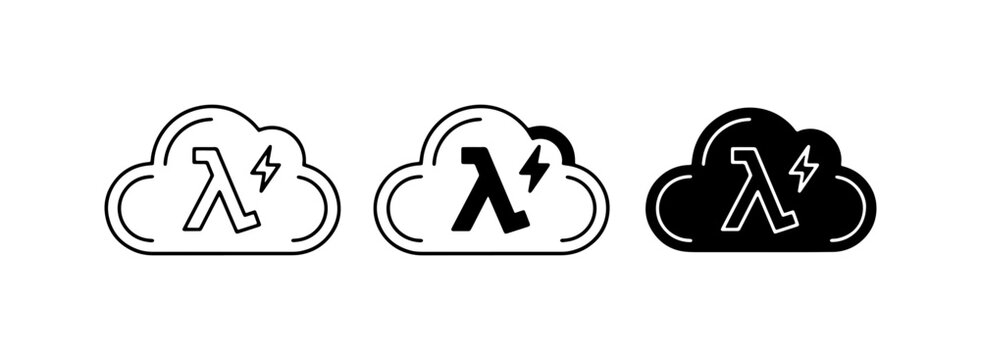 Cloud Computing Icons, Lambda Symbol, Lightning Bolt, Technology Concepts, Serverless Architecture, Data Storage, Network Symbols, Digital Services, Three Styles