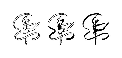 Naklejka premium Rhythmic Gymnastics Silhouettes, Ballet Dancer with Ribbon, Elegant Sport Poses, Vector Art Collection