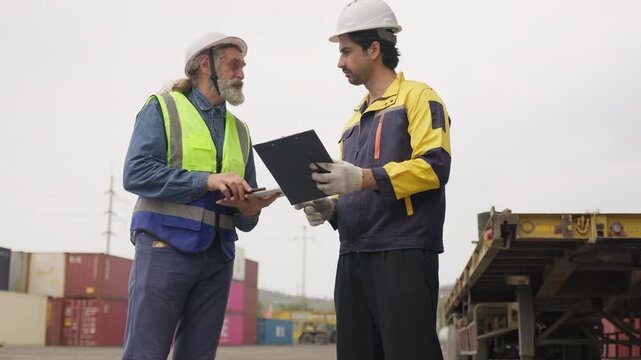 Two logistics workers give a high five to celebrate success at a container terminal, showcasing teamwork and effective supply chain management in the freight industry.