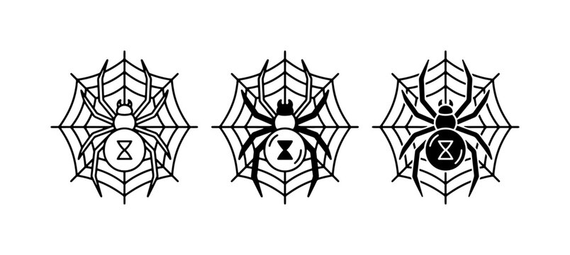 Black Widow Spider Icons, Vector Set: Spooky Arachnid Web Graphics for Halloween and Horror Themes, Graphic Design Elements