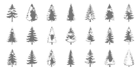 Fototapeta premium Minimalist line-art pattern of various hand-drawn pine trees arranged in a neat grid, black ink on white background, simple sketch style, clean and modern aesthetic vector illustration.