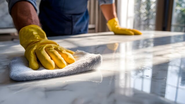 Male janitor cleaning stainless counter with gloves and microfiber cloth, golden window light.
