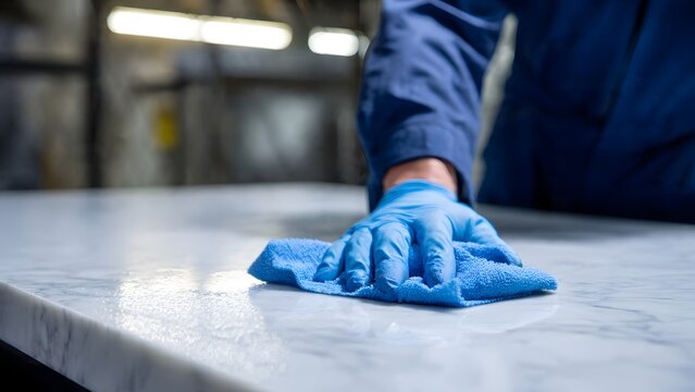 Male janitor cleaning stainless counter with nitrile gloves and bleach spray.