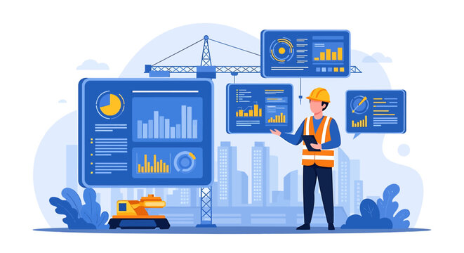 Construction worker analyzing data on digital screens at a building site.