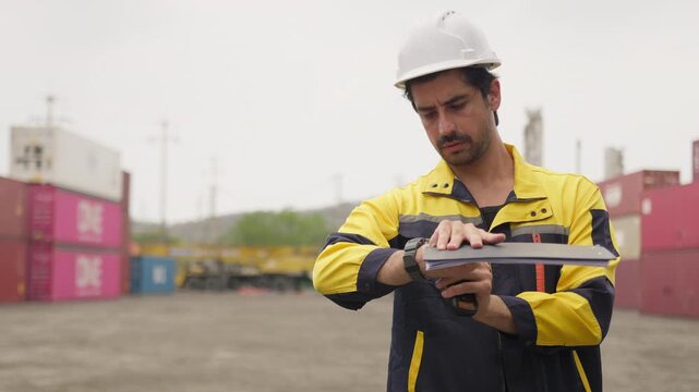 A container yard foreman checks his watch while holding a clipboard to manage the shipping schedule and ensure timely freight operations at a busy depot.