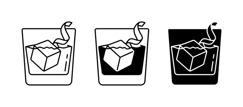 Whiskey Cocktail Icons: Three Styles of Old Fashioned Drink with Ice and Garnish, Vector Graphics for Bar Menus and Beverage Branding