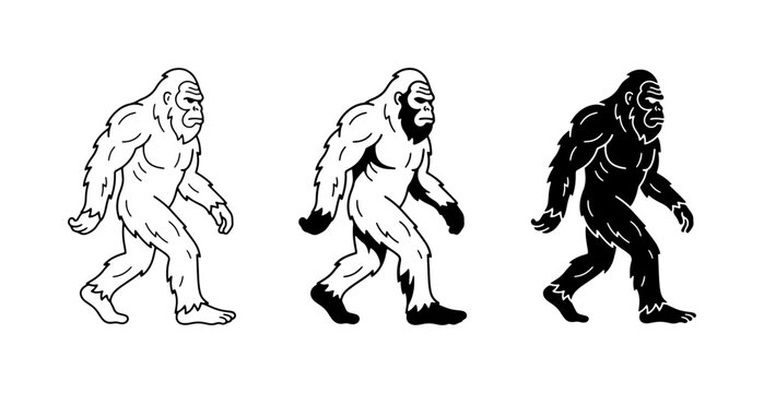 Bigfoot Vector Icons, Three Mythical Creature Silhouettes in Black, White, and Outline Styles, Cryptid Sasquatch Symbol Set