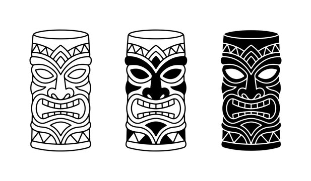 Tiki Masks Vector Set, Tribal Icons, Polynesian Culture Symbols, Tropical Decor Elements, Black and White Graphics