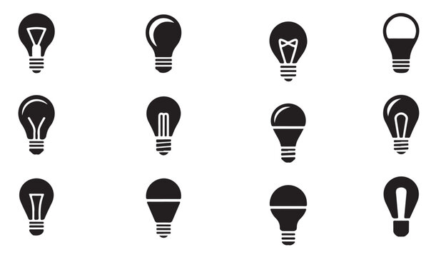 Light bulb type icons collection representing different energy saving technologies in black.