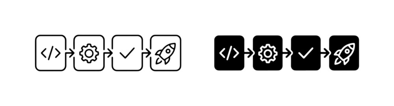 Software Development Workflow Icons, Coding Process Steps, Project Launch Sequence, Technology Icons, Business Strategy