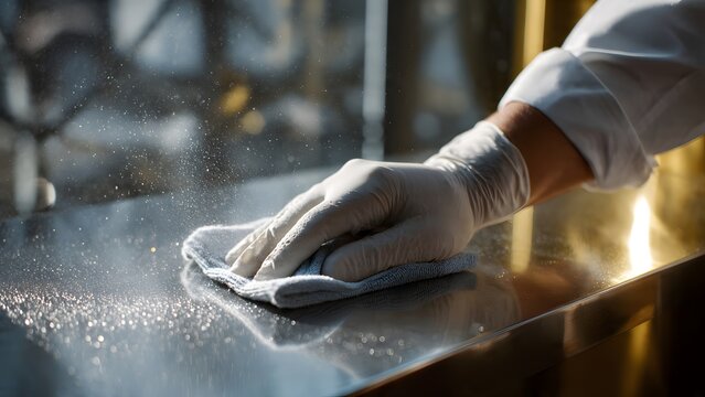 Male janitor cleaning stainless counter with nitrile gloves and disinfectant spray.