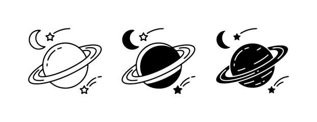 Cosmic Planet Icons, Saturn Ringed Celestial Bodies, Moon and Star Illustrations, Space Exploration Graphics, Vector Art Set © Rayhan