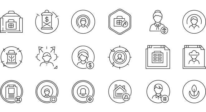 Twelve minimalist icons depicting various professions and activities within circular frames.