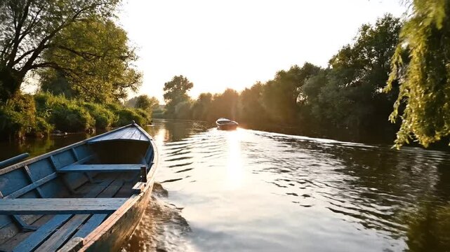 Serene River Journey Blue Rowboat Gliding Through Lush Greenery at Sunset