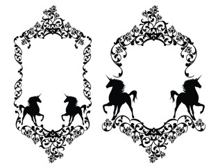 black and white vector design set of fairy tale fantasy style floral copy space frame decor made of rose flowers with magic unicorn horses © Cattallina