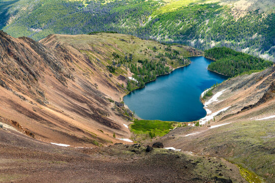 Canada, BC, Keremeos.  Cathedral Provincial Park.  Looking down at Ladyslipper Lake in the high alpine at 200m (6,500 feet).elevation.