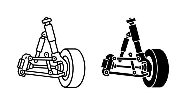 Automotive Suspension System Vector Icons, Car Wheel Assembly Line Art and Silhouette, Mechanical Engineering Components for Auto Repair and Design