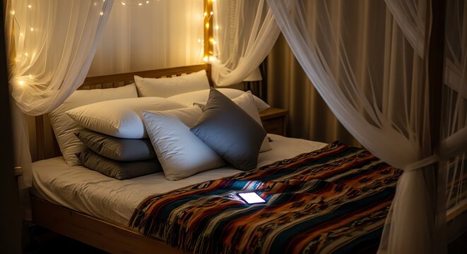 Cozy canopy bed featuring a glowing smartphone on a patterned blanket, warm fairy lights, realistic interior photography, serene night atmosphere and modern home decor.