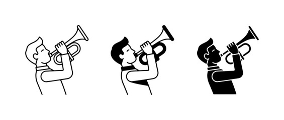 Herald Trumpet Player Icons, Musician Blowing Brass Instrument, Announcement Signal Vector Graphics © Akash