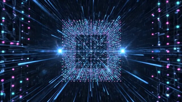 Futuristic Digital Tunnel Motion Background with High Speed Warp Zoom and Glowing Cyberpunk Rectangular Portals