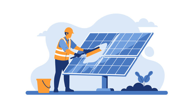 Worker cleaning solar panels with a squeegee and bucket.