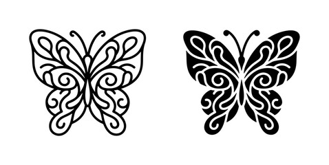Fototapeta premium Ornate Butterfly Vector Icons, Decorative Insect Silhouettes, Elegant Swirl Patterns, Black and White Graphic Elements