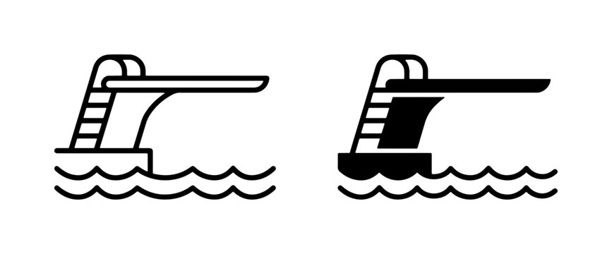 Diving Board Icons, Pool Jump Platform Vector Graphics, Aquatic Sport Symbol Set, Summer Recreation and Leisure Illustration