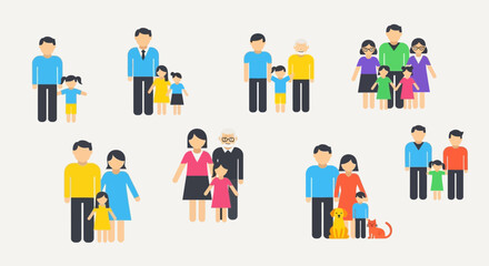 Fototapeta premium Diverse Family Groups Flat Icons - Generations, Parents, Children, Pets